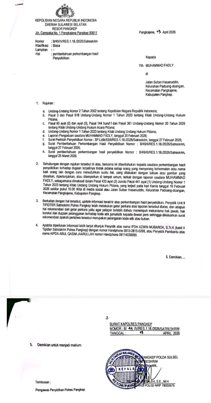 LBH Suara Panrita Keadilan Kawal Kasus Jurnalis, Polres Pangkep Arahkan Pelapor Melalui Mekanisme Dewan Pers