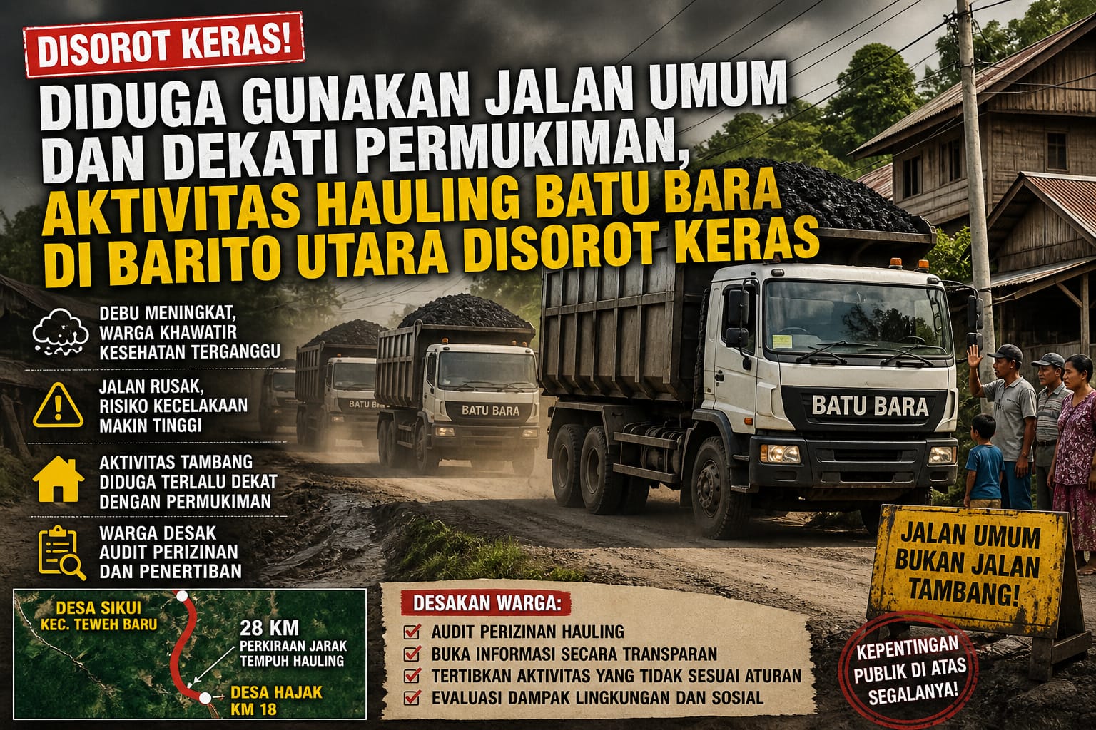 Diduga Gunakan Jalan Umum dan Dekati Permukiman, Aktivitas Hauling Batu Bara di Barito Utara Disorot Keras