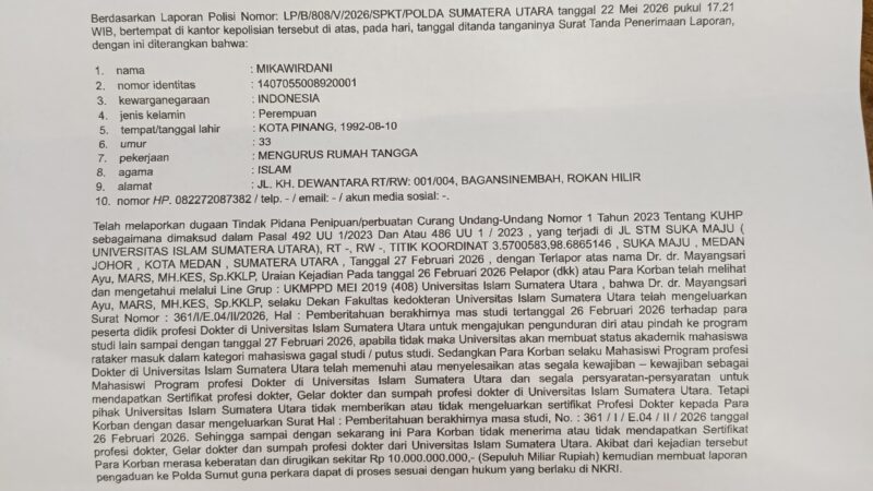 Dokter Muda UISU Laporkan Dekan ke Polda Sumut