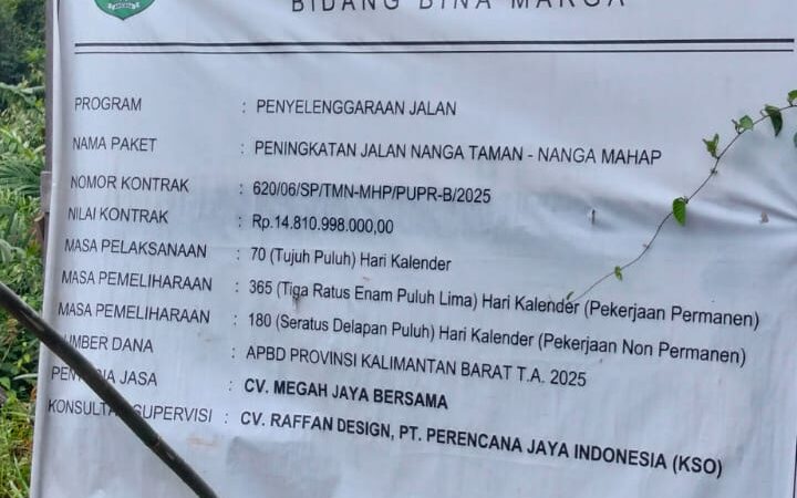 Kontraktor Aneh AHAN, Jalan Nanga Taman–Nanga Mahap Sekadau Kalbar Rp14,81 Miliar Bederai Sehari