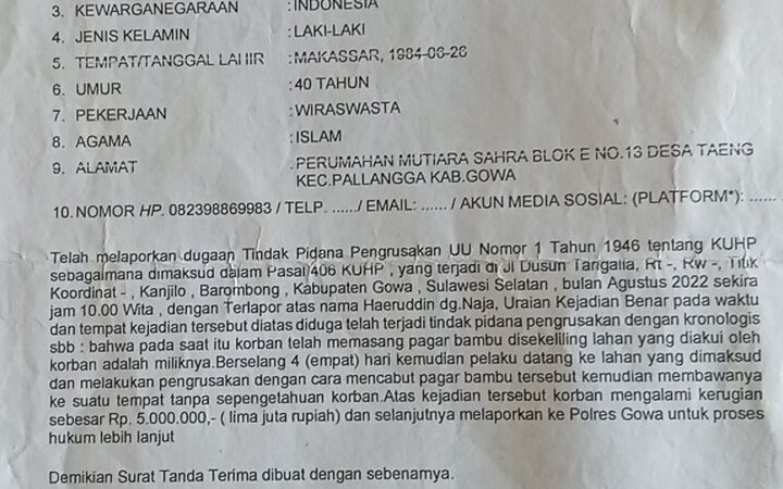 Sengketa Lahan Desa Kanjilo Semakin Kompleks, Laporan Perusakan Ditambah Dugaan Pemalsuan Dokumen 4 Ahli Waris Laporan belum ada kejelasan di Polresta Gowa