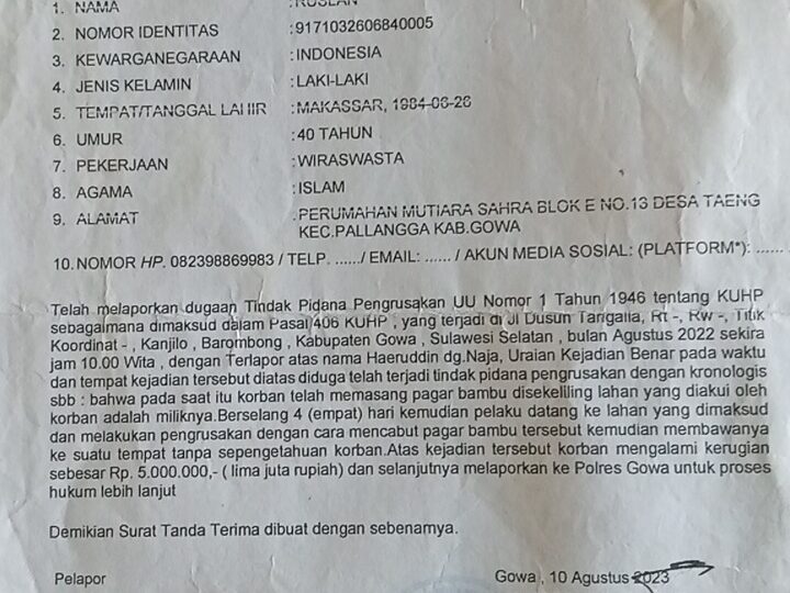 Sengketa Lahan Desa Kanjilo Semakin Kompleks, Laporan Perusakan Ditambah Dugaan Pemalsuan Dokumen 4 Ahli Waris Laporan belum ada kejelasan di Polresta Gowa
