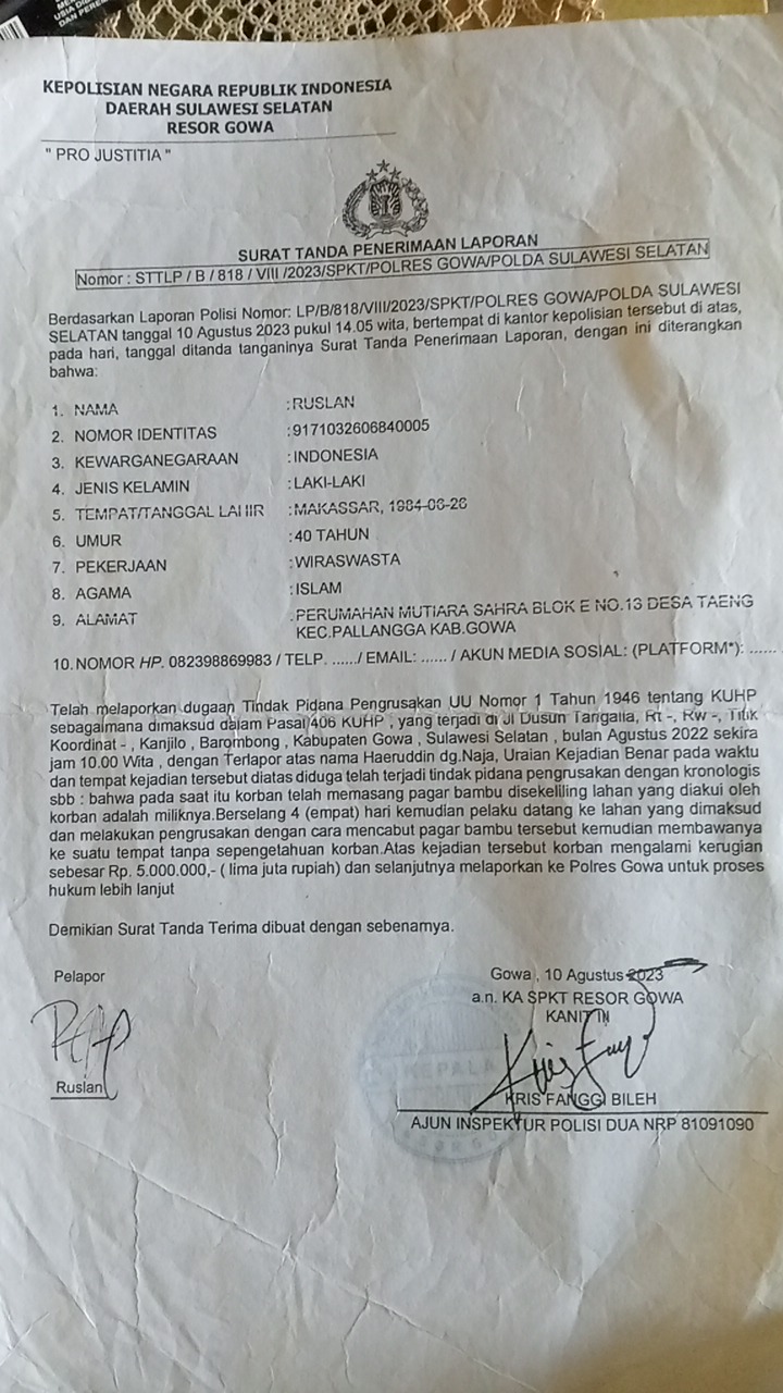 Sengketa Lahan Desa Kanjilo Semakin Kompleks, Laporan Perusakan Ditambah Dugaan Pemalsuan Dokumen 4 Ahli Waris Laporan belum ada kejelasan di Polresta Gowa