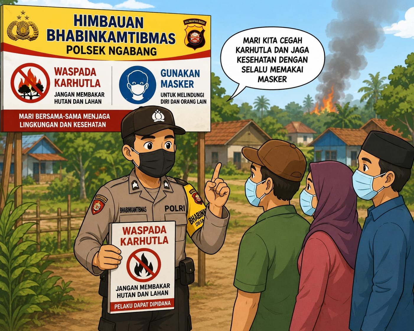 Kabut Asap Menyelimuti Ngabang, Bhabinkamtibmas Ajak Warga Cegah Karhutla dan Gunakan Masker