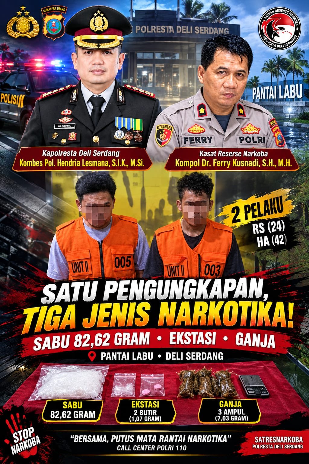 Polresta Deli Serdang Ungkap Kasus Narkotika, Amankan pengedarnya beserta  82,62 Gram Sabu, Ekstasi dan Ganja